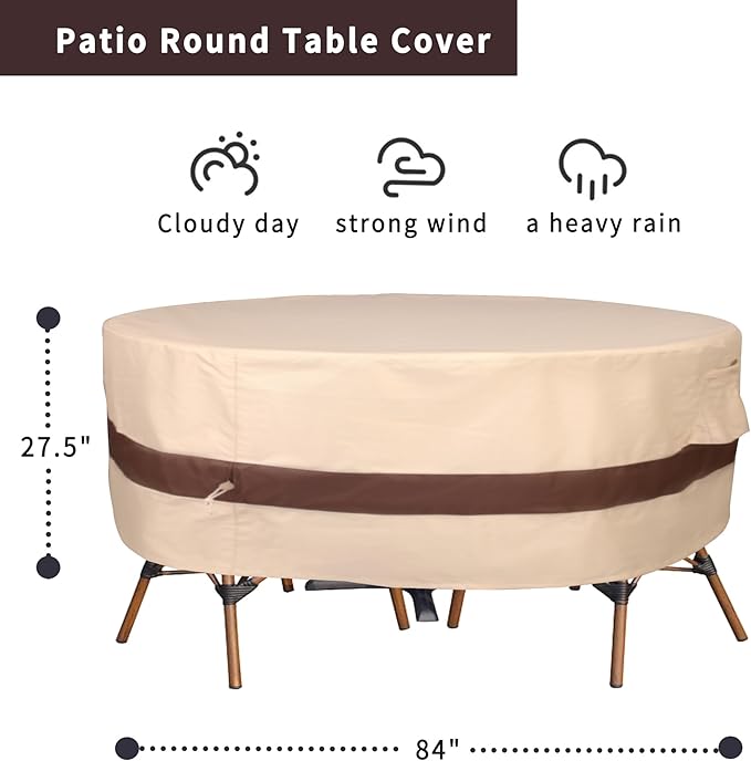 Round Patio Furniture Cover, Heavy Duty and Waterproof for Outdoor Furniture covers, Round outdoor table cover, Patio table cover 84"DIA x 27.5"H Beige