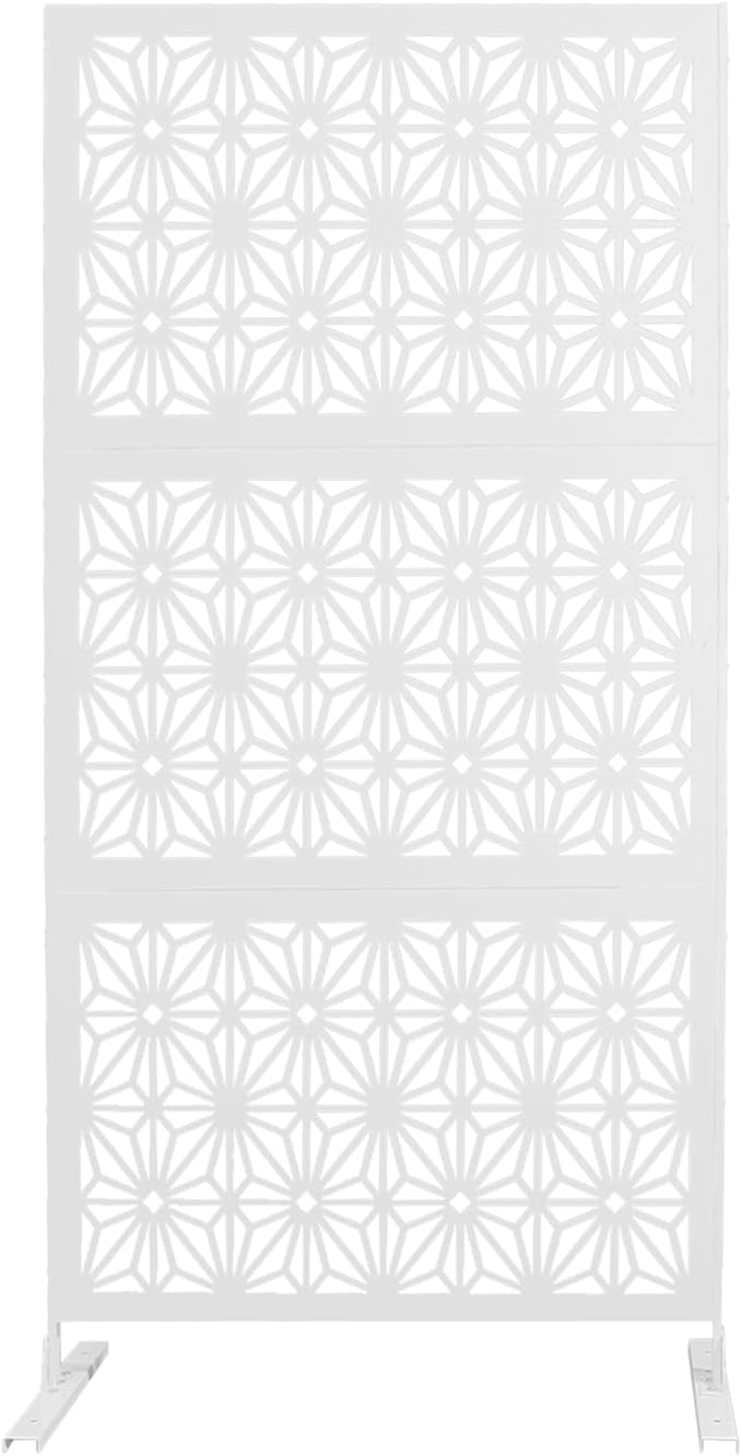 75" H×35" W Decorative Outdoor Privacy Screen with Stand, Outdoor Decor Privacy Fence Screen Metal Fence Panels, Free Standing Metal Divider for Patio Lawn Deck (White-Snowflake)