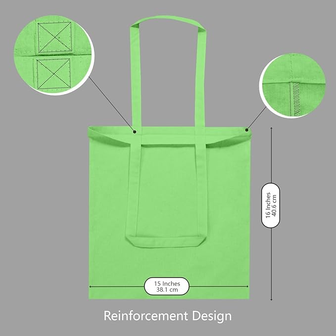 TOPDesign 12-Pack Economical 16"x15" Baby Green Cotton Tote Bags, Lightweight Medium Reusable Grocery Shopping Cloth Bags, Suitable for DIY, Advertising, Promotion, Gift, Activity