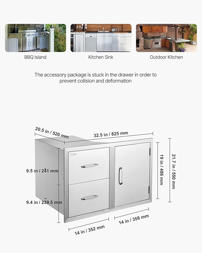 VEVOR Outdoor Kitchen Door Drawer Combo, 32.5" Wx21.7 Hx20.5 D, Access Door Double Drawers with Paper Towel Rack, BBQ Island Drawers with Stainless Steel Handles, 30.7" Wx20 Hx21 D Cutout Size