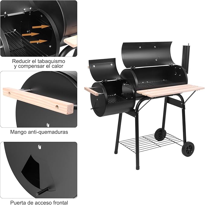 30 Inch Barrel Charcoal Grill & Smoker with Side Fire Box, Outdoor BBQ Grill for Patio Cooking with Front Wood Shelf & Wheels, Black