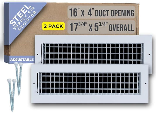 [2 Pack] Fits 16x4 Duct Opening Steel Adjustable Air Supply Grille by Handua | Register Vent Cover Grill for Sidewall and Ceiling | White | Outer Size: 17.75" X 5.75"