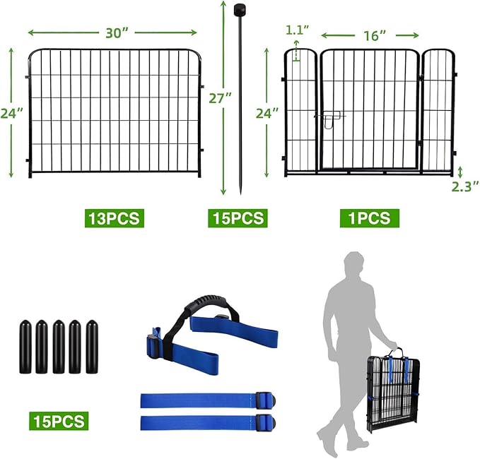 ADAVIN 24 in(H) Garden Fence with Low Threshold Door,14 Panels Total 34.5 Ft(L) Dog Fence Outdoor for Yard, Animal Barrier Fence, Outdoor or Indoor Modular Fencing, Garden Fence Border