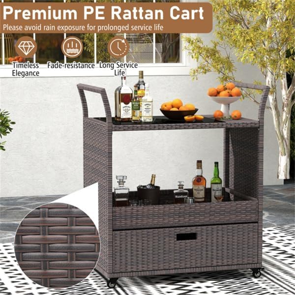 Outdoor Wicker Bar Cart with Drawer, PE Rattan Serving Trolley with Glass Top & Wheels, Mobile Beverage Station for Patio Garden Backyard Poolside, Brown