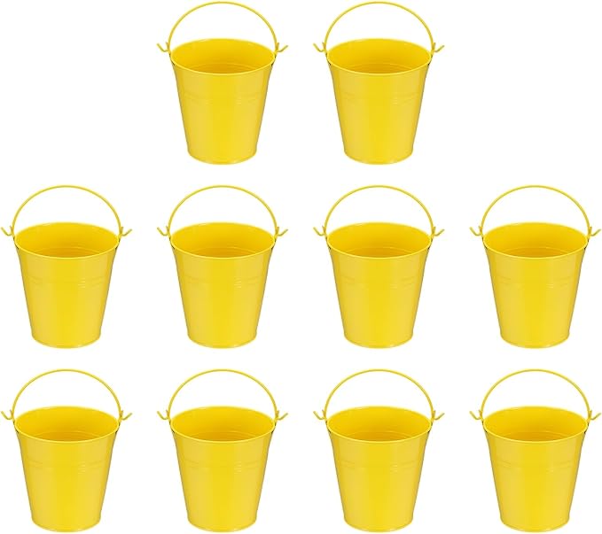 Small Metal Buckets, Mini Buckets with Handle Galvanized Colored Tin Pail Containers Basket Party Supplies - Fit for (Halloween - Classroom Crafts) 4" & 10Pcs & Yellow