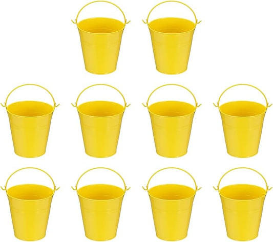 Small Metal Buckets, Mini Buckets with Handle Galvanized Colored Tin Pail Containers Basket Party Supplies - Fit for (Halloween - Classroom Crafts) 4" & 10Pcs & Yellow