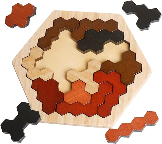 Skrtuan Wooden Hexagon Puzzle for Kids & Adults, Montessori STEM Educational Toy with Colorful Shapes, Logic IQ Brain Teaser Game for Kids, Geometry Tangram Gift