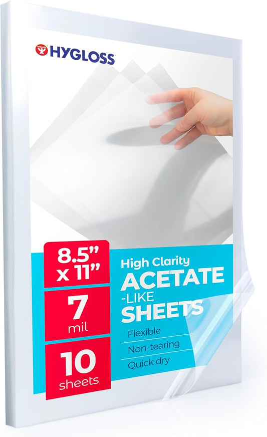 Hygloss 8.5" x 11" Acetate Paper - 7 Mil Clear Acetate Sheets for Crafts Projects, Classroom Stencil Sheets, Overhead Transparency Sheets for Projector, Clear Plastic Sheet (Not for Printers) 10 Pack