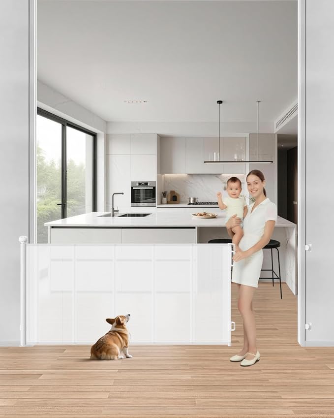 Upgraded Retractable Baby Gate - 71" Wide 34" Tall Mesh Child Safety Gate with High-Density Reinforced Rods, Easy One-Hand Operation Retractable Dog Gate, Fits Baseboards, White
