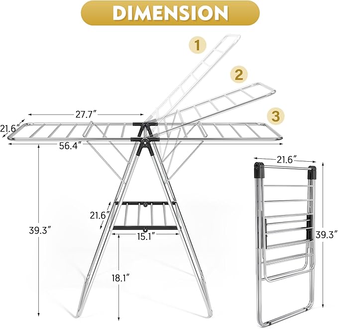 APEXCHASER Clothes Drying Rack, Drying Rack Clothing with Height-Adjustable, Foldable Gullwings Laundry Rack, Indoor Outdoor Use, No Assembly,Black