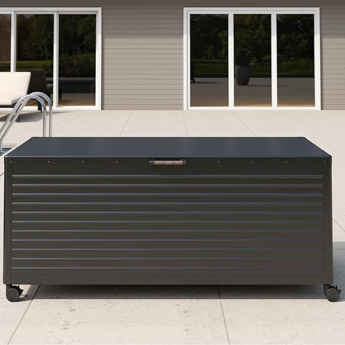 MIRADOR 281 Gallon Outdoor Storage Box Waterproof, Metal Deck Box with wheels for Patio Furniture, Garden Tools, Outdoor Cushion, Charcoal