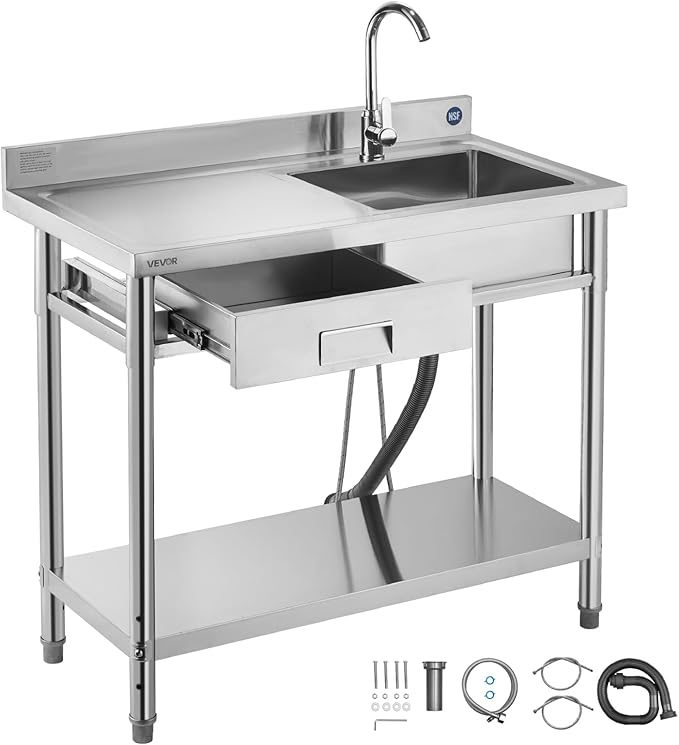 VEVOR Stainless Steel Utility Sink, Free Standing Single Bowl Commercial Kitchen Sink with Drawer, Faucet and Hot & Cold Water Pipe, Utility Basin for Garage Restaurant Laundry, 39.4 x 19.7 x 37 in