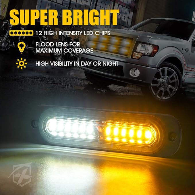 Xprite LED Surface Mount Strobe Lights Kit, White Amber Grill Grille Emergency Warning Flashing Marker Light Warning Light Assemblies for Trucks Vehicles ATV RV Cars Van - 8PCS