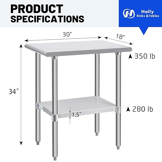 Hally Stainless Steel Table for Prep & Work 30 x 18 Inches, NSF Commercial Heavy Duty Table with Undershelf and Galvanized Legs for Restaurant, Home and Hotel