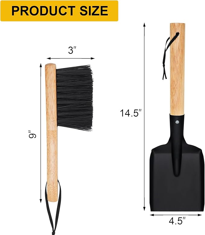Ash Shovel & Hearth Brush Set - Fireplace Tools Set, Fire Pit Tools, Hearth Tidy Set, Metal Brush Pan Set Made of Natural Wood & Coco Bristles - Wider Scoop