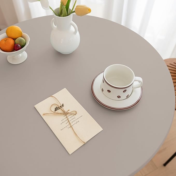 Round Fitted PU Tablecloth with High Elastic Edge 31 Inch Dia Waterproof Oil Proof Table Cloth Anti-Scald Stain-Resistant Wipeable Table Cover for Indoor Outdoor Picnic (Grey,31" Dia)