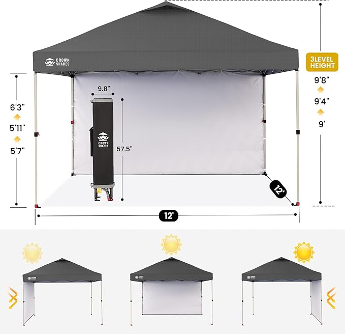 CROWN SHADES 12x12 Pop Up Canopy Tent Instant Commercial with 150D Silver Coated Fabric Including 1 Removable Sidewall, 4 Ropes, 8 Stakes, Weight Bags, STO 'N Go Bag, Grid Grey