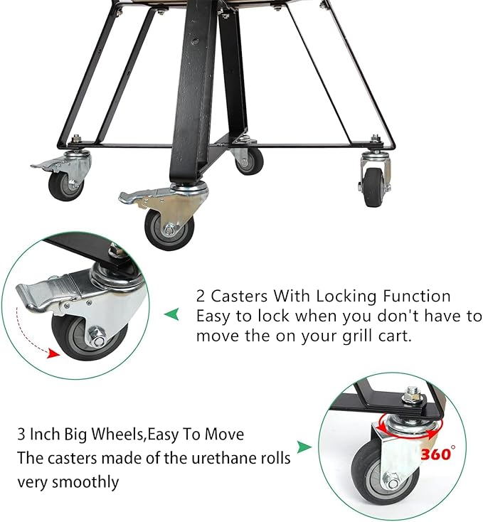 Rolling Cart Stand for Large Big Size Green Egg with Heavy Duty Locking Caster Wheels Powder Coated Steel Rolling Outdoor Cart Rolling Stand Big Size Green Egg Smoker Kamado Joe Grill Stand Accessory