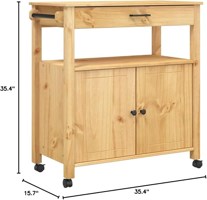 Kitchen Trolley Monza Rolling Kitchen Island Cart with Storage, Portable Dining Room Serving Utility Carts, Brown 33.1" x 15.7" x 35.4" Solid Wood Pine KH79A