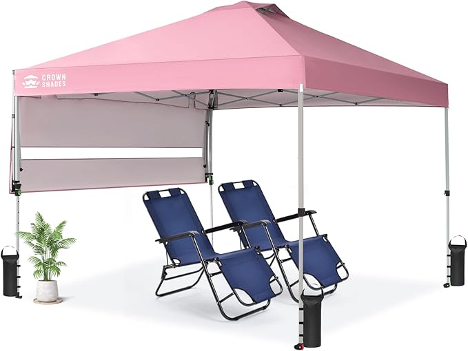 CROWN SHADES 10x10 Pop Up Canopy Tent with Patented Center Lock, Instant Commercial Canopy with Extendable Awning, 150D Silver Coated Fabric, 4 Weight Bags, Ropes, Stakes & STO ’N Go Wheeled Bag, Pink