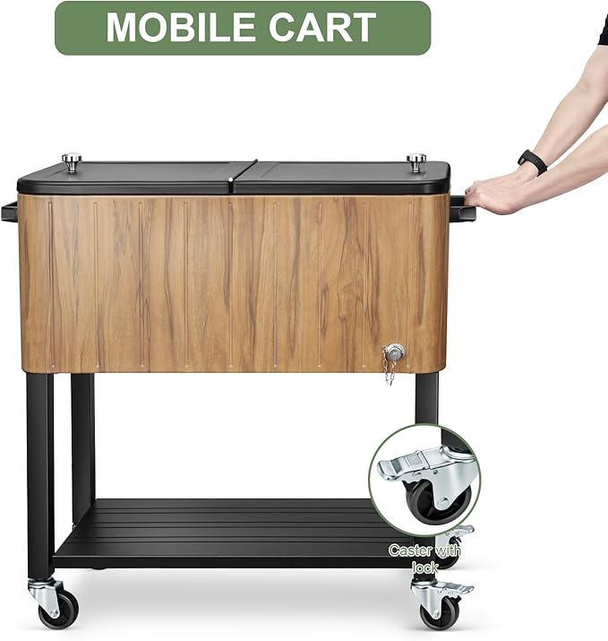 EDOSTORY 80 Quart Rolling Ice Chest Cooler Cart,Patio Backyard Party Drink Beverage Bar Stand Up Cooler Trolley with Ice Scoop