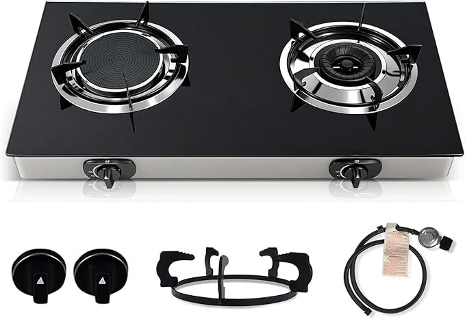 2 Burner Propane Gas Stove, 20472 BTU/h Portable Tempered Glass Camping Stove with Infrared and Blue Flame, Auto-Ignition, Portable BBQ Propane for Cooking, Outdoor, Camping, RV & Emergency Use