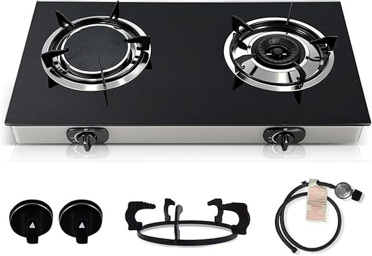 2 Burner Propane Gas Stove, 20472 BTU/h Portable Tempered Glass Camping Stove with Infrared and Blue Flame, Auto-Ignition, Portable BBQ Propane for Cooking, Outdoor, Camping, RV & Emergency Use