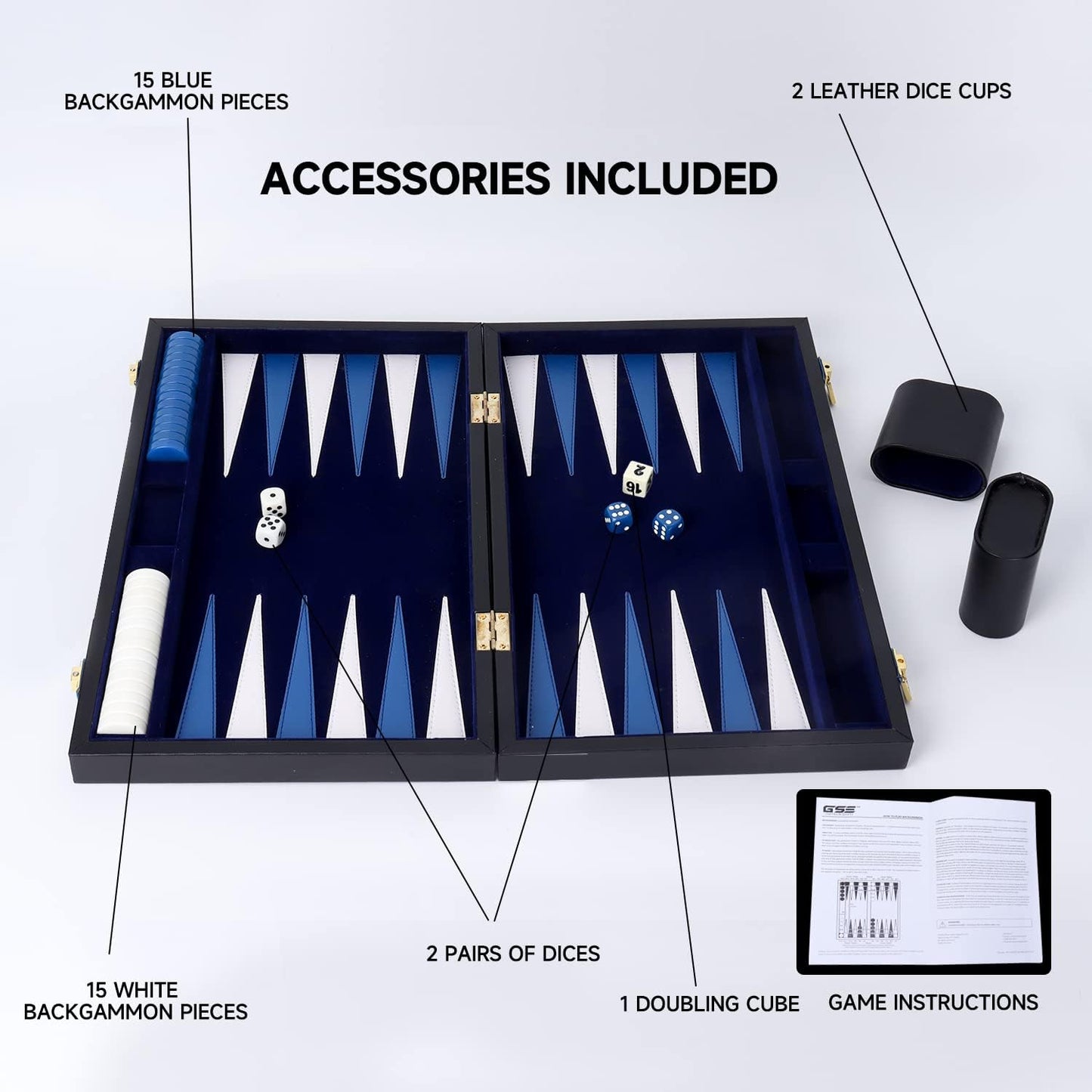 GSE Games & Sports Expert Premium Leather Backgammon Board Game Set, Classic Backgammon Game Set with Leather Case, Travel Folding Board Game (Black&Blue, Small)