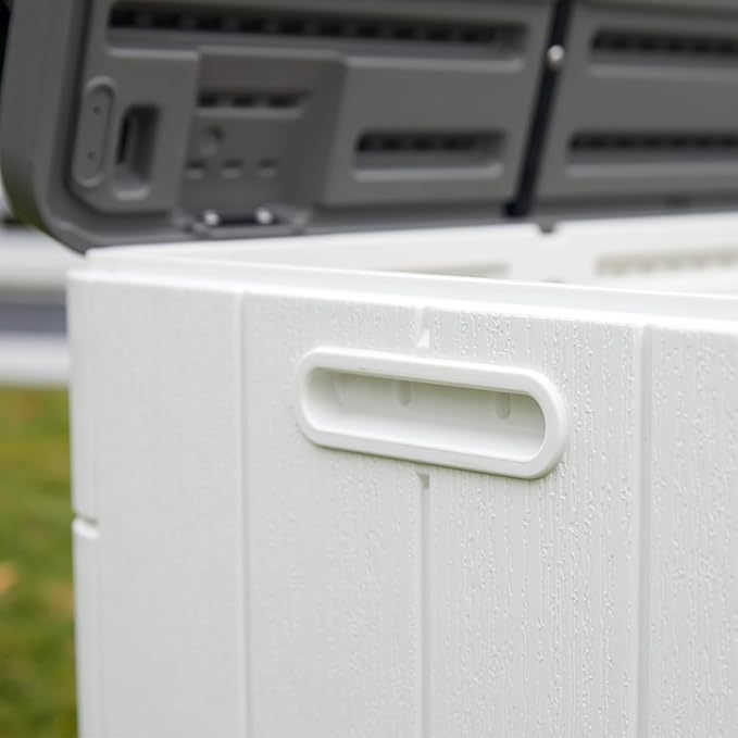 100 Gallon Plus Resin Deck Box, Waterproof Outdoor Storage Box for Patio Furniture, Garden Tools, and Pool Accessories, Lockable UV-Resistant Storage Bin Bench Cabinet for Outside, White