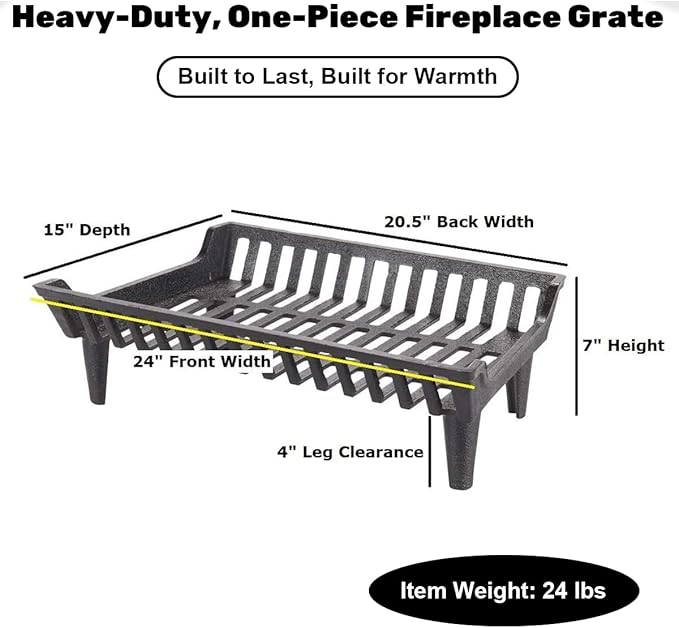 24 inch Fireplace Grate Heavy Duty, Cast Iron Fire Grate - 24" W x 15" D x 7" H