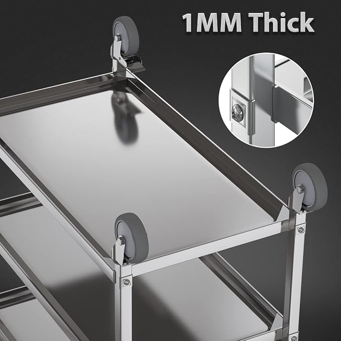 3 Shelf Stainless Steel cart,400 lbs,1MM Thick，Serving cart with Wheels, Household, Service Trolley,360°Rotation Storage Shelf with Locking Wheels 29.5 * 15.7 * 37.4'' L*W*H S.