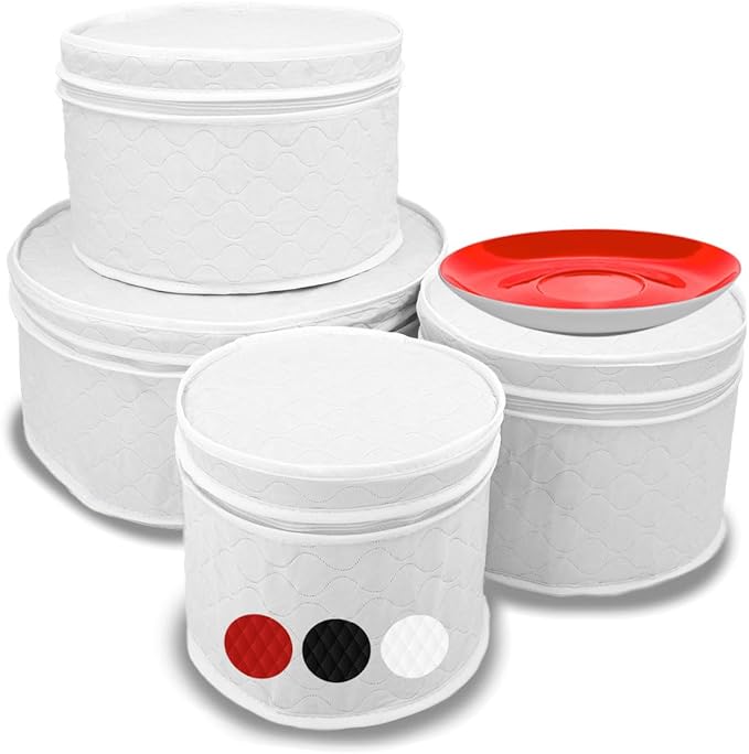 LAMINET 4 Piece Quilted Plate Storage Set - Holds Up to 48 Plates with Padded Inserts - WHITE