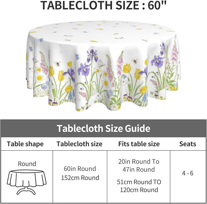 Spring Easter Round Tablecloth 60 Inch, Bunny Colorful Flower Butterfly Decorative Tablecloths Stain Resistance Polyester Rabbit Floral Table Cloth for Holiday Parties Kitchen Dining