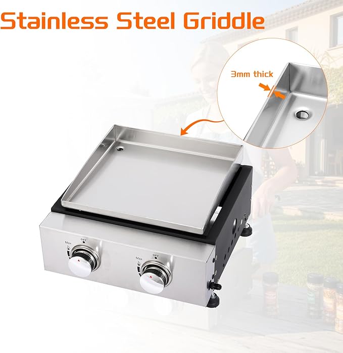 2-Burner Portable Tabletop Gas Griddle Grill with Stainless Steel Cooking Surface - Includes Protective Cover & Regulator, for Camping, Tailgating, Outdoor Cooking