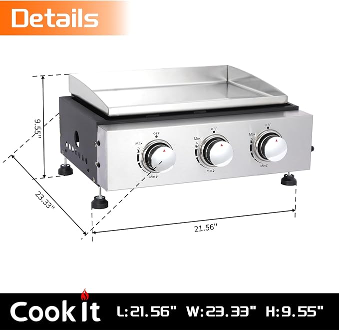 3-Burner Portable Tabletop Gas Griddle Grill with Stainless Steel Cooking Surface - Includes Protective Cover & Regulator, for Camping, Tailgating, Outdoor Cooking