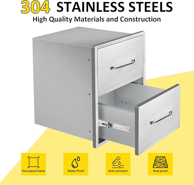 Outdoor Kitchen Drawers 18" W x 21" H x 18" D Flush Mount Double BBQ Drawers with Chrome Handle Stainless Steel Drawer for Outdoor Kitchen Island, Patio Grill Station