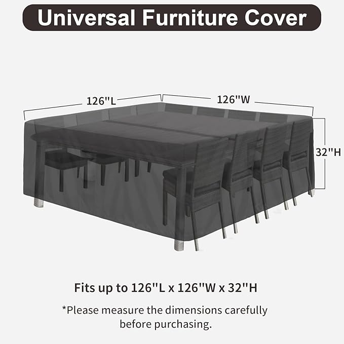 PureFit Patio Furniture Covers, Outdoor Table Furniture Cover Waterproof, Patio Sectional Couch Set Cover for Deck, Lawn and Backyard, UV Resistant, 126"L x 126"W x 32"H, Black
