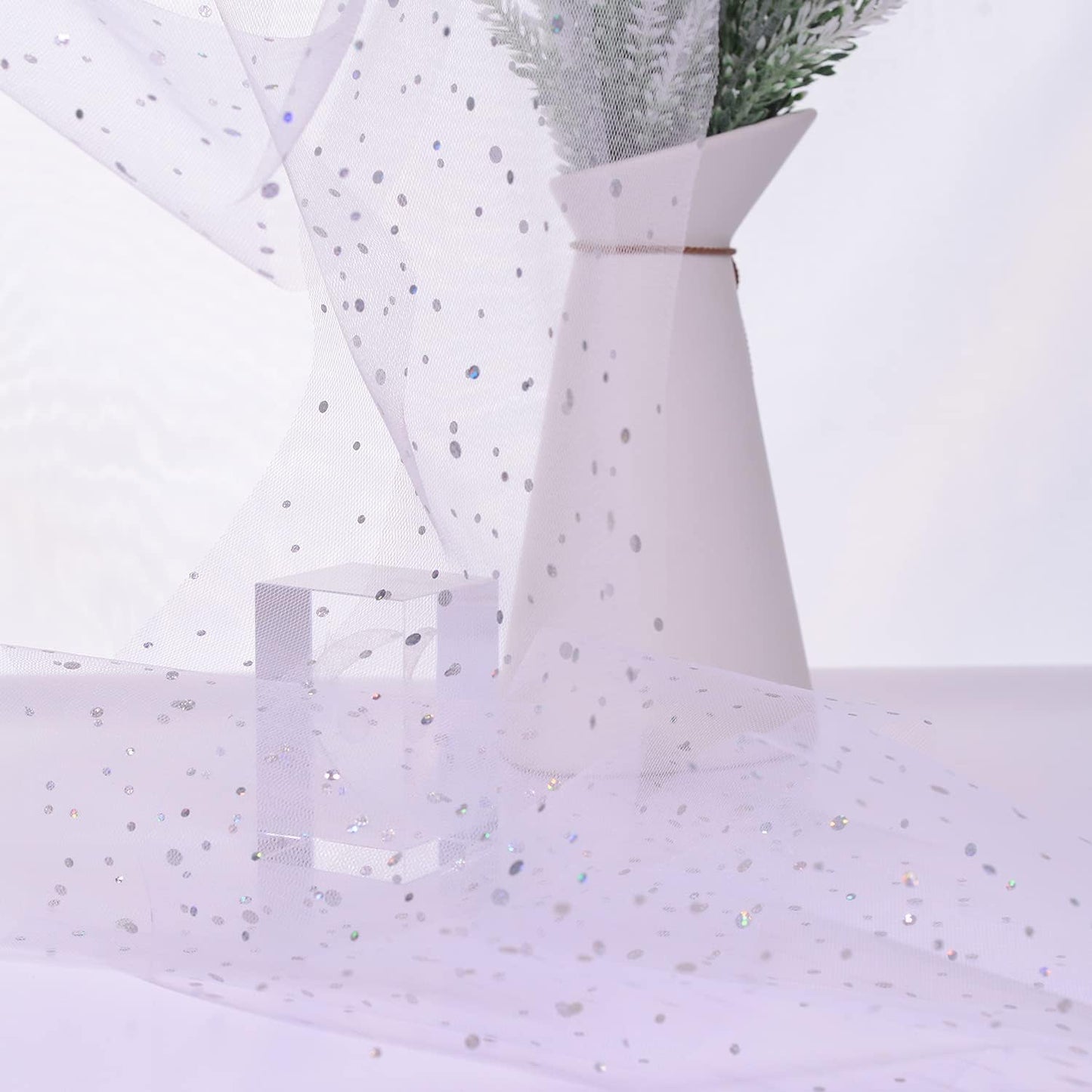 Glitter Tulle Rolls, 6” by 50 Yards (150FT) Sequin Tule Netting Fabric Tulle for Tutu Skirts Sewing Birthday Wedding Party Decoration (White)