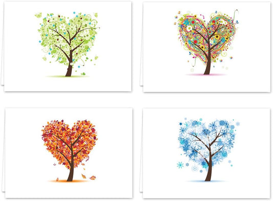 Seasons of Life Note Card Assortment Pack/Set Of 24 Greeting Cards And White Envelopes / 4 7/8" x 3 1/2" Cards Featuring 4 Seasonal Tree Designs