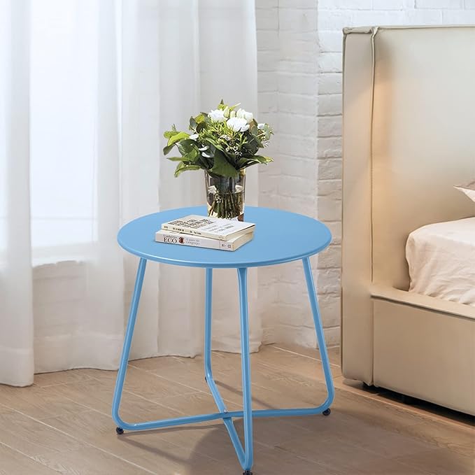 Small Patio Side Table, Round Metal Side Table, Weatherproof, Portable, Outdoor End Table for Garden, Balcony, Yard (Peacock Blue)