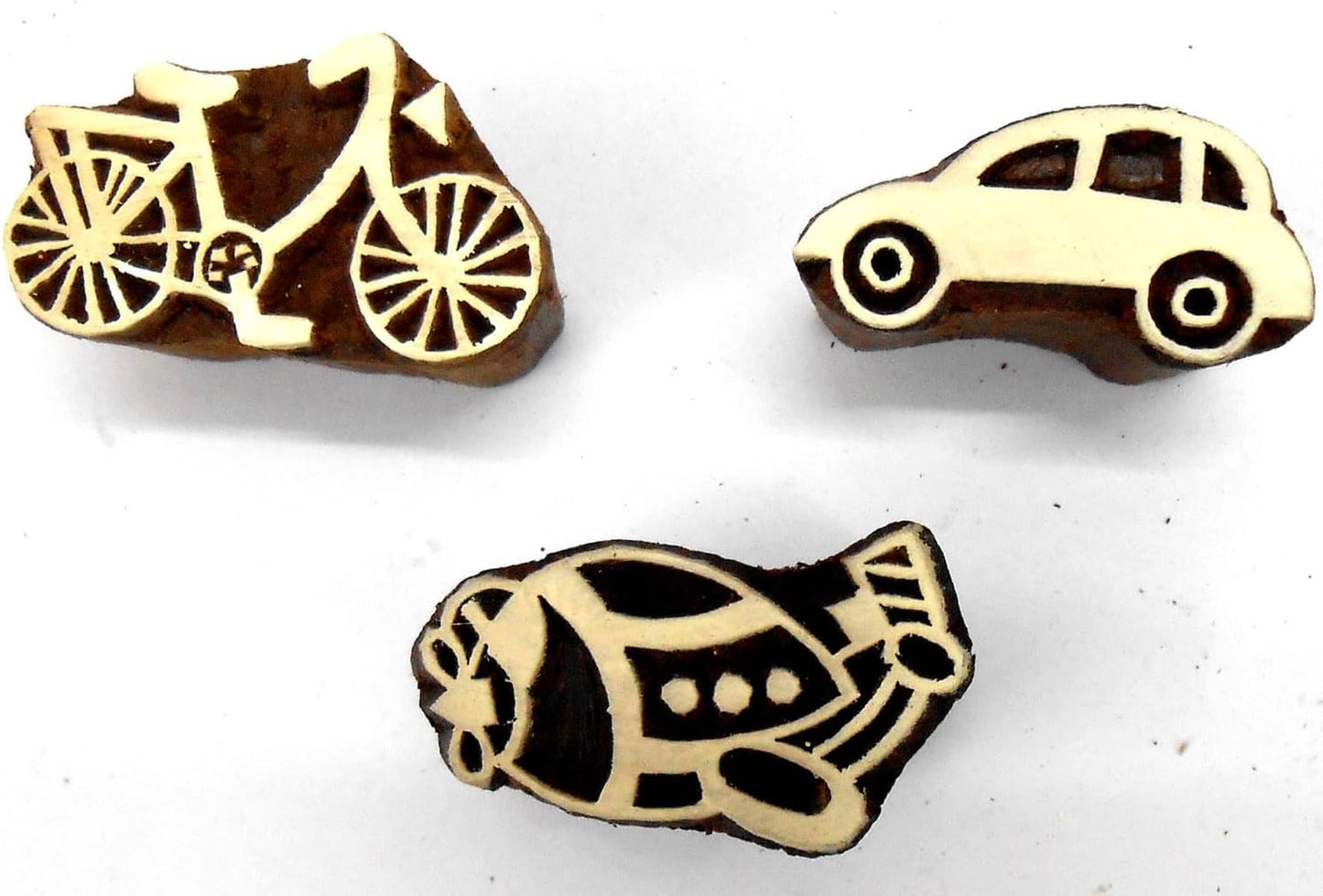 Car Bicycle Plane Wooden Blocks Stamps for Printing on Textiles, Pottery Crafts,Henna, Scrapbooking (Set of 3)
