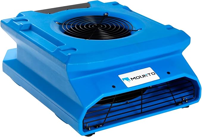 MOUNTO 1/4 HP 1200 CFM Low Profile Air Mover, 2-Speed Carpet Dryer Floor Fan with Dual GFCI Outlets, Stackable Lightweight Blower for Water Damage Restoration (Blue)