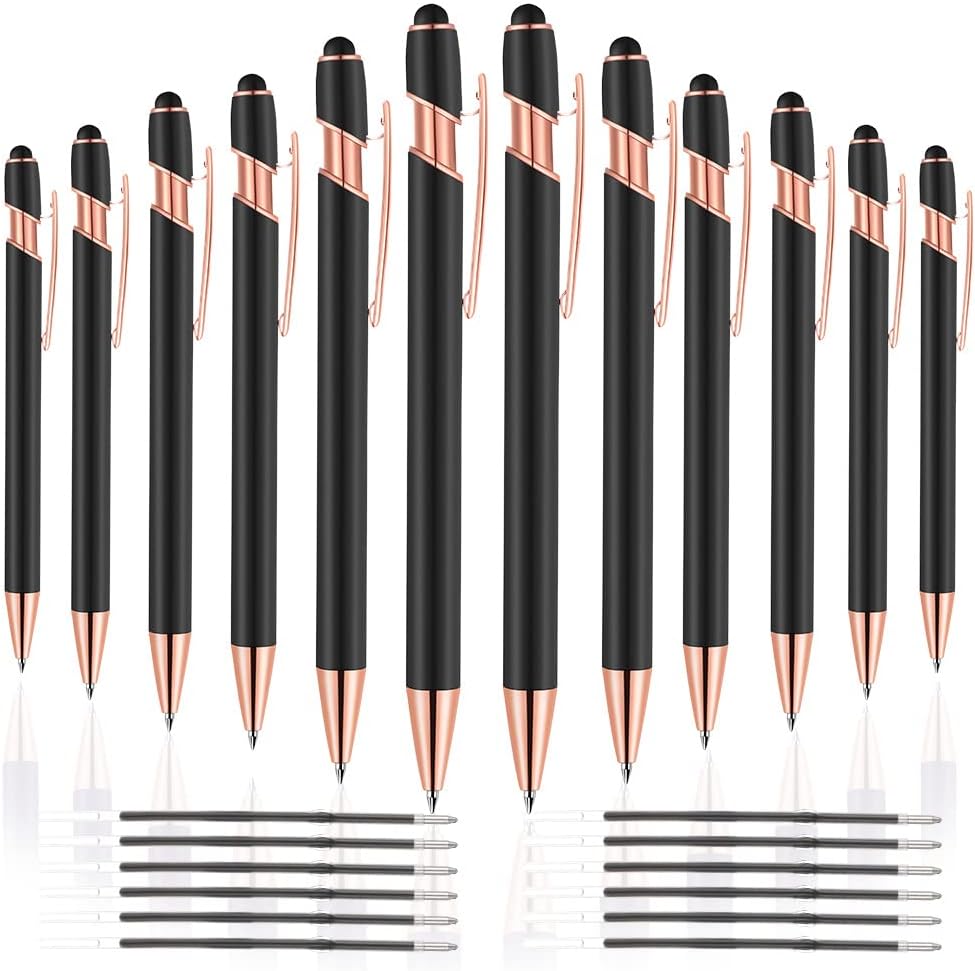 12 PCS 2 in 1 Stylus Ballpoint Pen with Stylus Tip, 1.0 mm Black Ink Metal Pen Stylus Pen for Touch Screens (Rose Gold & Black)
