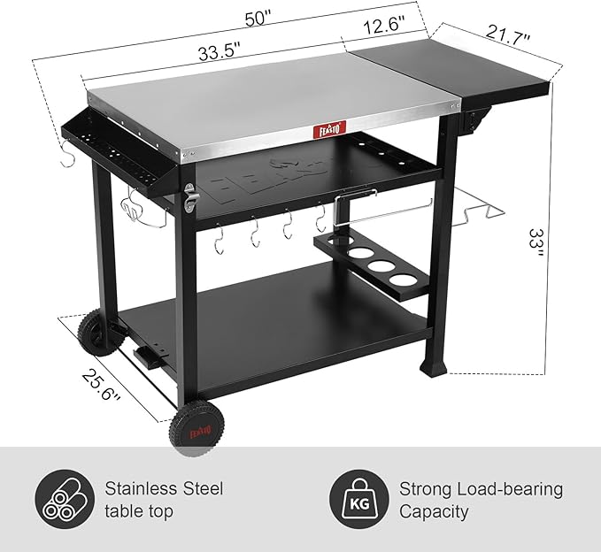 Outdoor Grill Cart, Pizza Oven Table Stand for Outdoor Indoor, 40" x 26" Stainless Steel Tabletop Dining BBQ Grill with Wheels for Food Prep, 3-Shelf Kitchen Cart Table