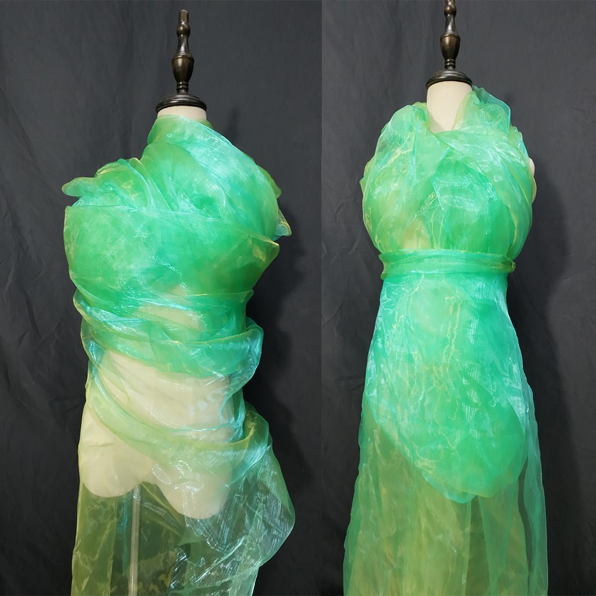 Two-Tone Iridescent Holographic Organza Fabric - 11 Yards by The Yard | Lightweight Sheer Tulle | for Wedding Dresses, Party Decor, DIY Crafts, Shiny Backdrops(Grass Green + hint of Yellow)