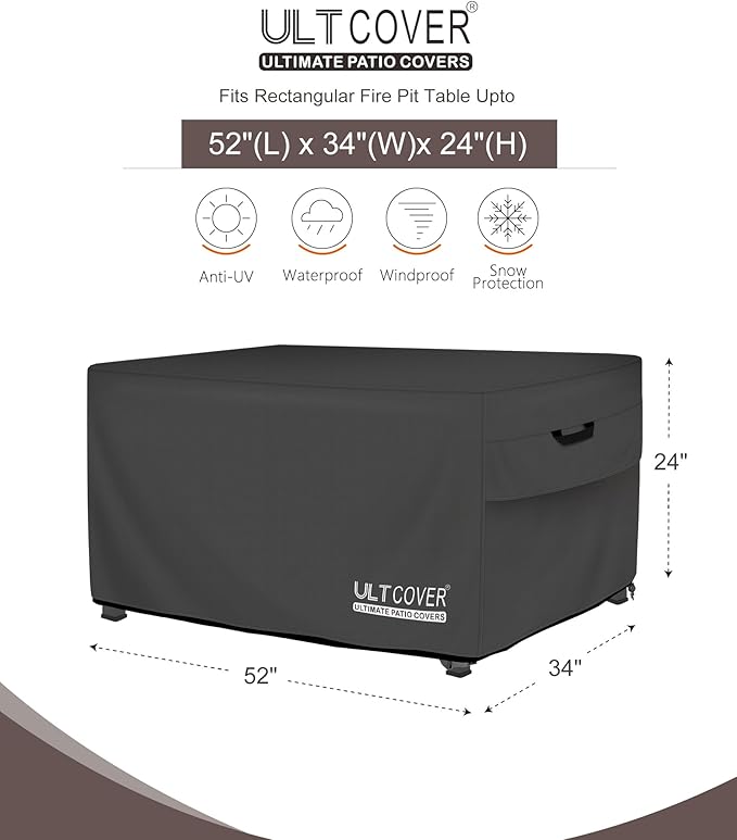 ULTCOVER Rectangular Gas Fire Pit Table Cover 52x34 inch Waterproof Heavy Duty Firepit Cover, Black