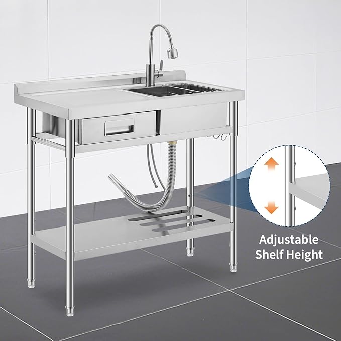 Freestanding Stainless Steel Utility Sink with Workbench, Left Drawer,39" Commercial Kitchen Sink with Faucet, Hot & Cold Water, Storage Shelf, S-Hook,Knife Holder, Adjustable Leg for Indoor Outdoor