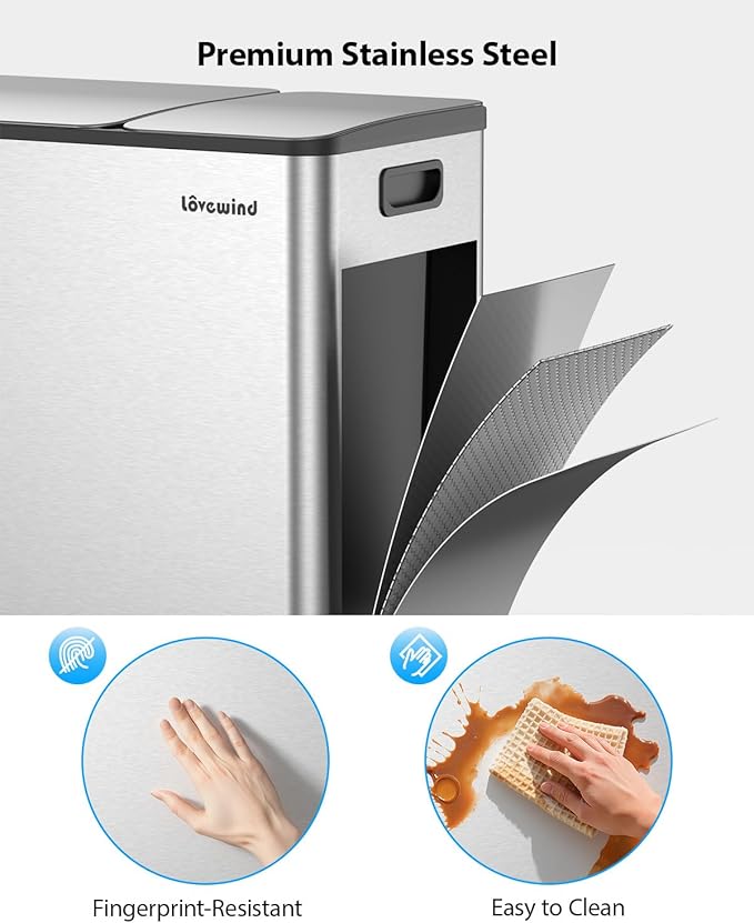Lovewind Dual Trash Can, 14 + 6 Gallon Garbage Can for Kitchen Dual Compartment Recycling Kitchen Step Trash Bin, Stainless Steel Trash and Recycle Bin Combo with Soft-Close Lid, Silver