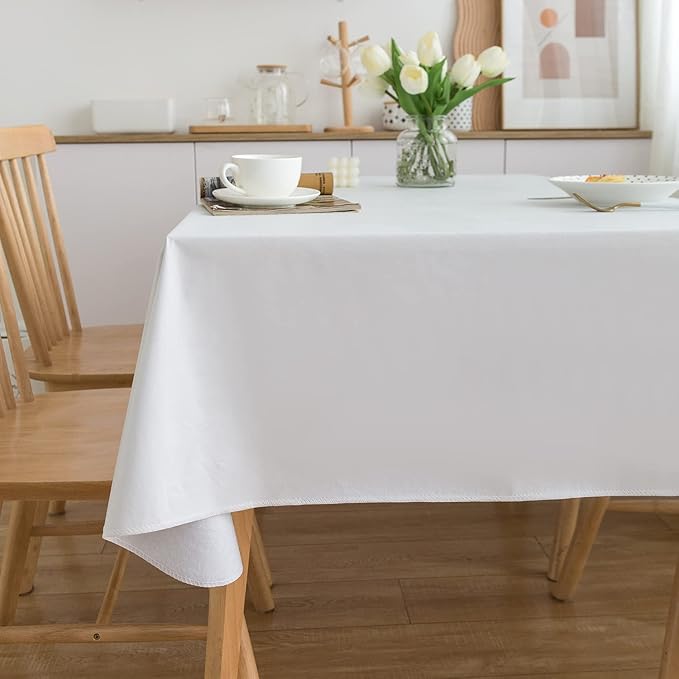 LIBERECOO Vinyl Tablecloth with Flannel Backing, Solid White, Waterproof, Stain-Resistant, Easy-Clean Table Cover for Dining, Kitchen, and Outdoor Use, 60" x 60" Square