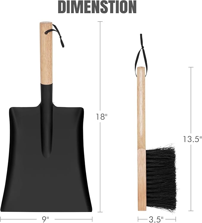 INNO STAGE Ash Shovel and Brush Set - Fireplace Tools Set Hearth Indoor Outdoor Modern Firepit Coal Shovel and Brush Kit Cleaning Tool Rust Resistant (9 * 18inch)